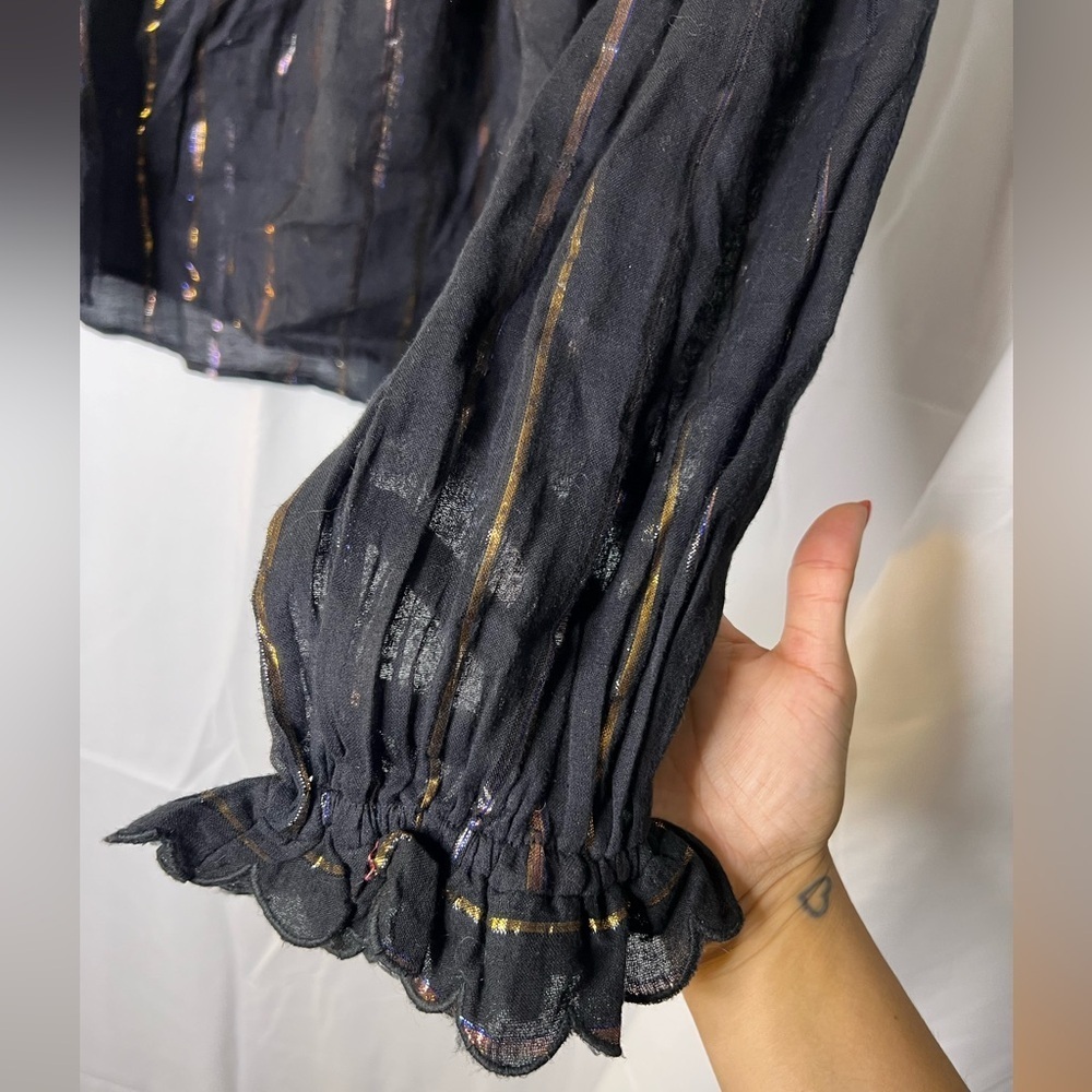 FARM RIO Metallic Stripe Ruffle Shirt In Black - Picture 4 of 8